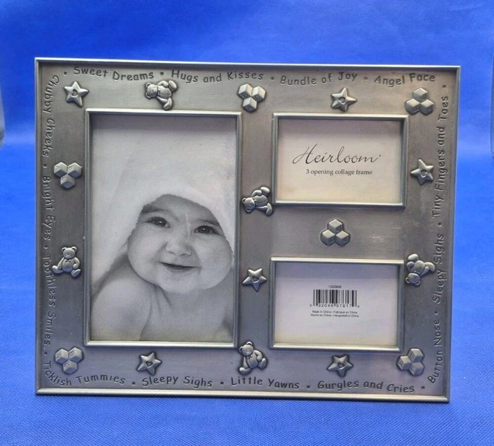 Heirloom Silvertone Baby Picture Frame 3 Opening Collage 10x8" UNUSED
